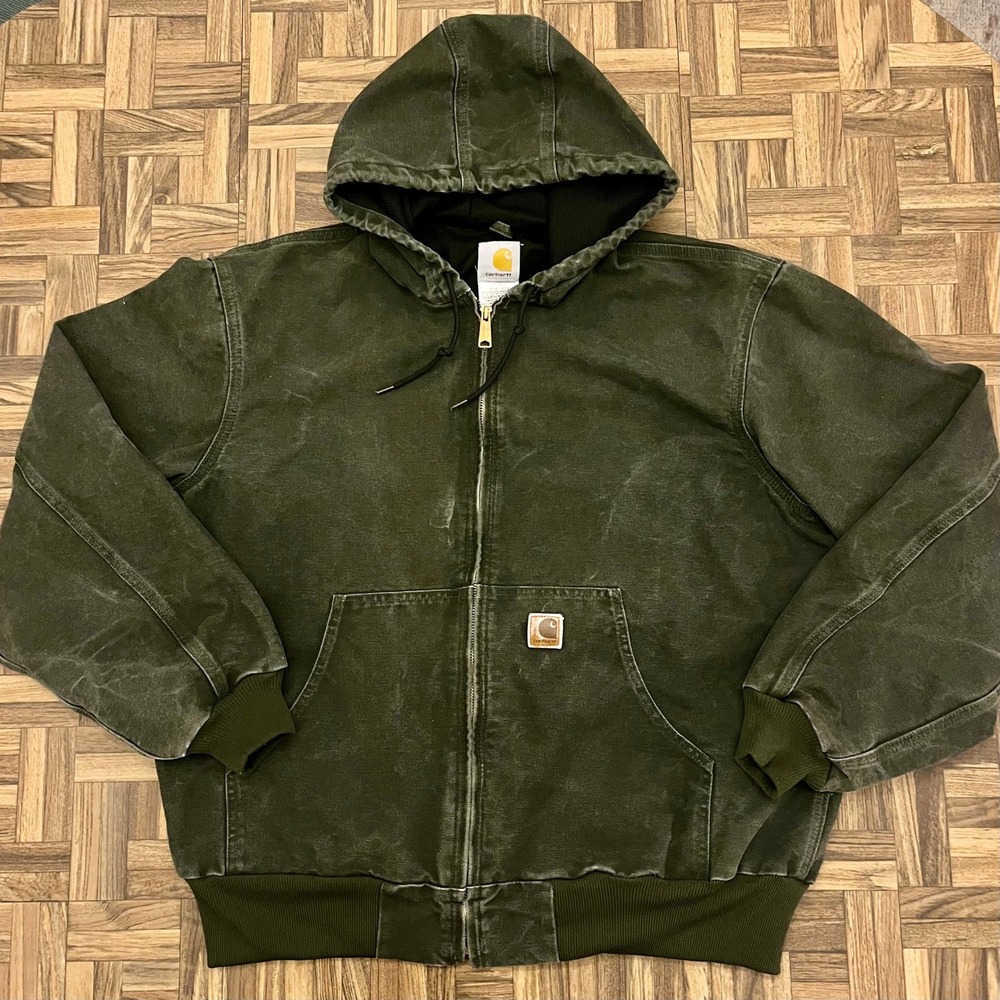 Carhartt Jacket J25 MOS Moss Green Duck XL Vintage Hooded Thermal Full Zipper